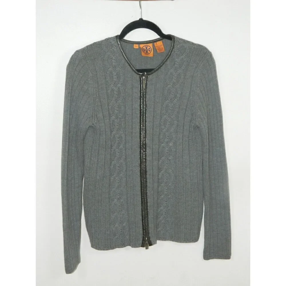 Tory Burch Sweater Cardigan Size Large Gray Wool‎ Leather Trim Round Neck Zip Up